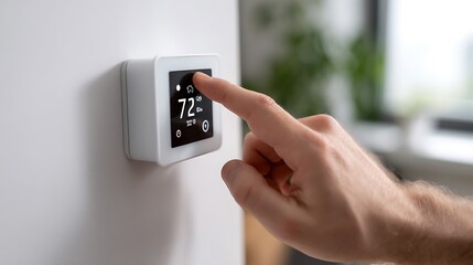 Hand adjusting thermostat on white smart home wall
