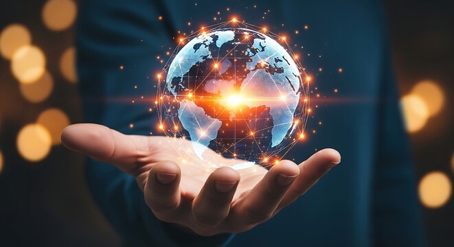 This striking image represents the creative concept of a unified planet, highlighting diversity and the power of teamwork in fostering a global network for the future.