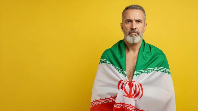 Serious middle-aged man with a gray beard wrapped in the flag of Iran. Somber patriot standing against a yellow background. National pride and concern.