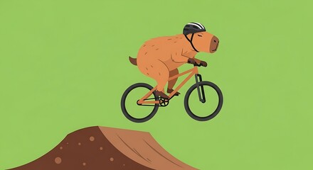 A capybara wearing a helmet rides a mountain bike over a dirt jump.