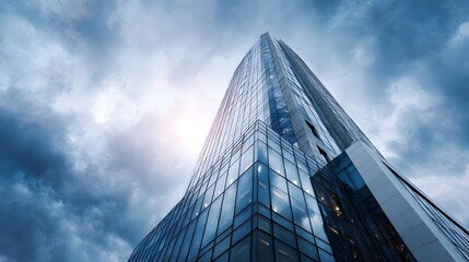 Obraz premium Towering corporate skyscraper under dramatic cloudy sky