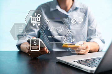 Concept of procurement, supply chain management, represented by related logistics, inventory icons...