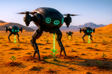 Futuristic Drones Planting Trees in Desert Landscape, AI-Powered Eco Reforestation with Smart Technology and Green Innovation