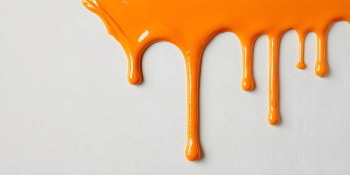 A thick glob of orange slime hanging from the edge of a white surface, uneven shape, solo substance