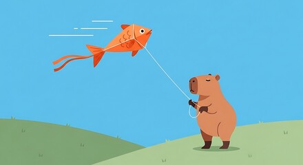 A capybara stands on a hill, flying a fish-shaped kite in a bright blue sky.
