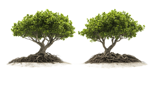 3D Trees with Roots Isolated on Transparent or White Background for Professional Designs