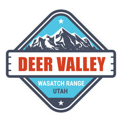 Deer Valley ski resort, Utah stamp, emblem with snow covered mountains, vector