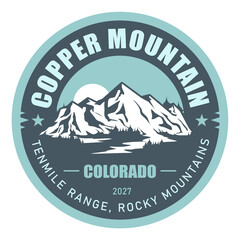 Copper mountain range, Colorado, USA, emblem with snow-covered mountains, vector