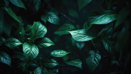 Fototapeta premium Lush green leaves of plants in low light, showcasing dense foliage. Nature and botanical scene. Vegetation and plant life. The concept of greenery and natural environment
