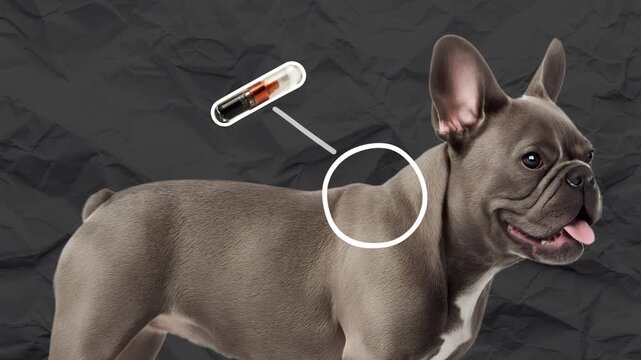 The example of a French bulldog shows the location of the dog chipping and the chip itself. The concept of chipping. Empty space for text. Stop motion animation on black paper background