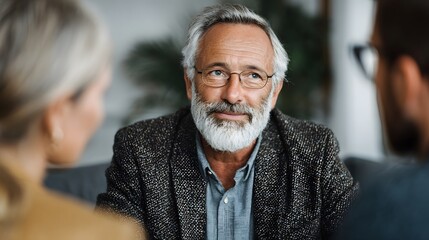 A financial advisor discussing a wealth strategy plan with a couple  long title A senior financial advisor in a formal suit consulting with a couple