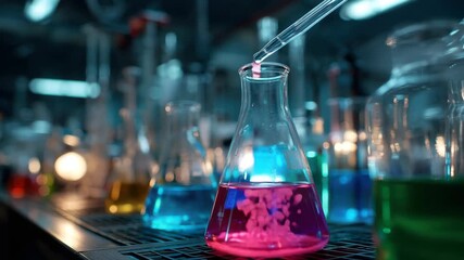 Colorful liquid experiment in laboratory beaker with pipette mixing reaction - Powered by Adobe