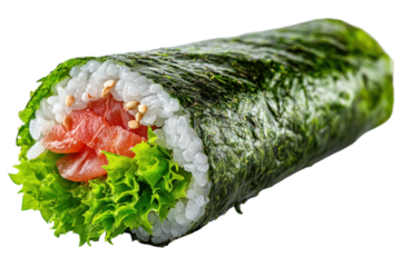 Exquisite salmon sushi roll fresh seafood crisp lettuce delight nori wrap sesame seeds savory taste