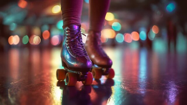 Shiny retro roller skates gliding on vibrant neon rink floor