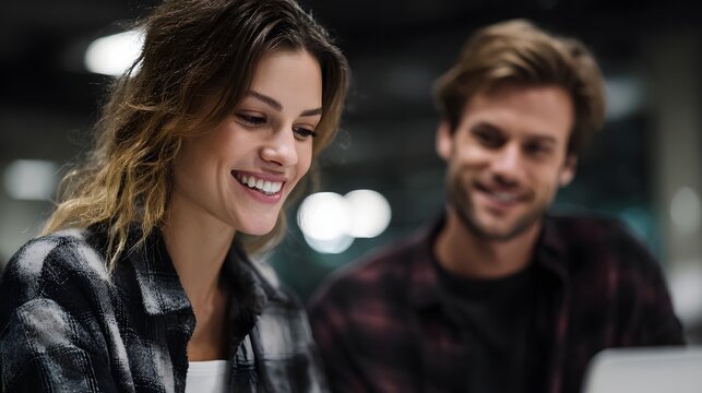 Coworkers collaborating on a laptop in a coworking space
