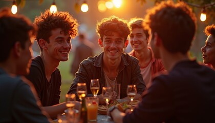 Friends smiling at gathering outdoors during sunset with warm lights and drinks