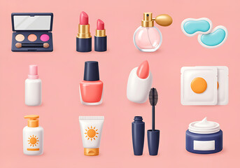 nail polish and lipstick, set of cosmetic products, Different beauty makeup cosmetic product 3D style icon set vector illustration bundle collection. Makeup palette, lipstick, perfume bottle, eye patc