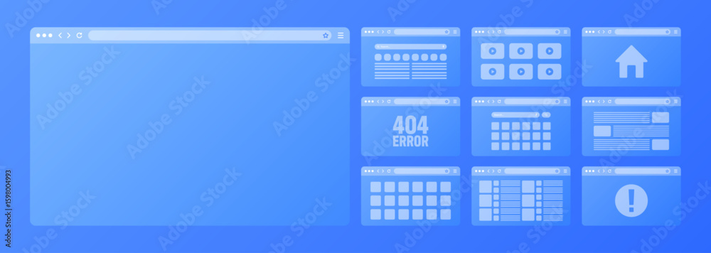 Fototapete Web browser window, transparent pages layout with toolbar and search field. Modern website, internet page. Browser mockup for computer, tablet and smartphone. Adaptive UI. Vector illustration