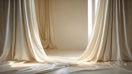 An empty room with cream-colored curtains and sunlight streaming through the windows.