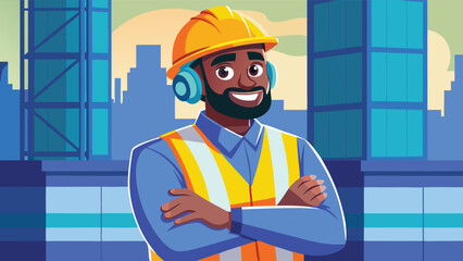 Construction worker with headphones and safety vest smiles confidently