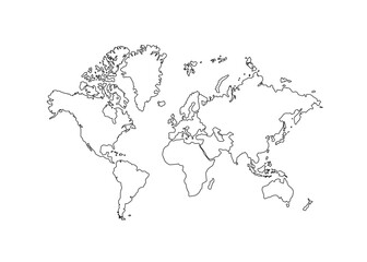 Minimal world map outline drawing in black on white background