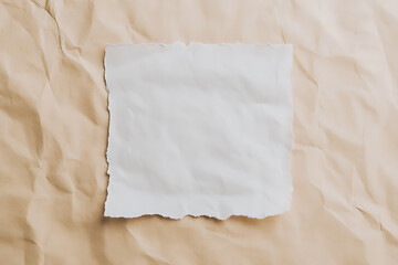 Obraz premium White Paper on Crumpled Background: A blank white paper with torn edges rests on a textured beige backdrop, creating visual contrast.