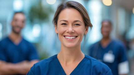 Confident nurse leading a diverse medical team in hospital corridor