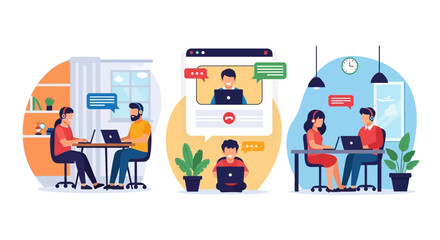 Illustrations of people in virtual meetings and remote work communication scenes