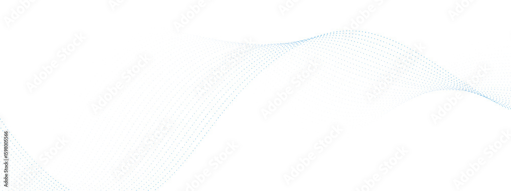 Poster Blue dotted wave line pattern. Flowing dot particles wave pattern halftone black gradient smooth curve shape isolated on transparent background. 