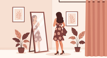 Young Woman Trying On Clothes In Front Of Mirror At Home Or In Boutique