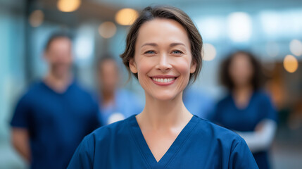 Confident nurse leading diverse medical team in bright hospital corridor