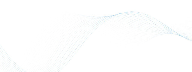 Blue dotted wave line pattern. Flowing dot particles wave pattern halftone black gradient smooth curve shape isolated on transparent background. 