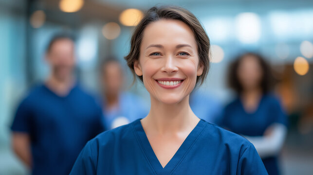 Confident nurse leading diverse medical team in bright hospital corridor