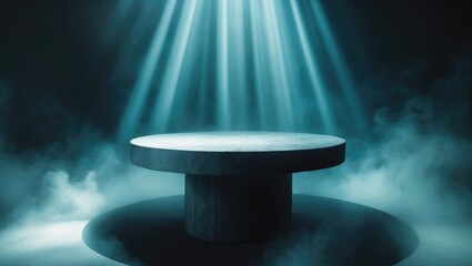 Empty round table illuminated by spotlight with foggy atmosphere, stage or set design, theatrical or artistic concept.