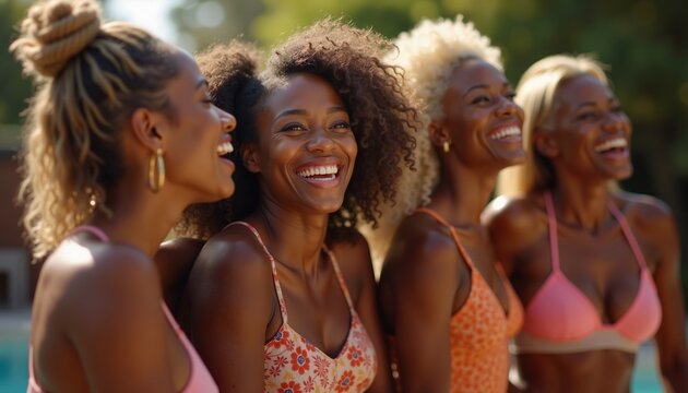 Pool party featuring four friends with diverse hairstyles enjoying a sunny day together - Powered by Adobe