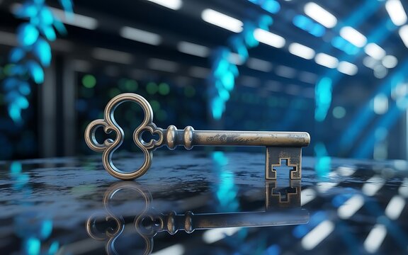 Antique skeleton key resting on a wet surface with blurry blue lights