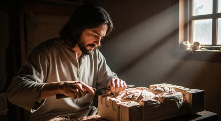 A craftsman working diligently in his workshop, carving a sculpture with focused precision in a