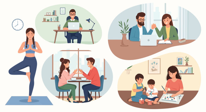 Illustrations showing diverse lifestyles, from yoga to work and family moments capturing work life