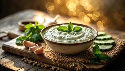Creamy cucumber salad with mint in a bowl, garnished with fresh herbs. Fresh cucumber slices and mint leaves on a rustic wooden board. Fresh ingredients and natural setting.