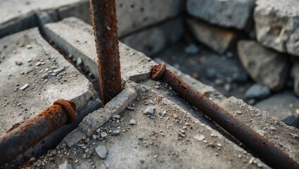 Close-up view of rusted iron reinforcements embedded in concrete, showing corrosion and construction materials.