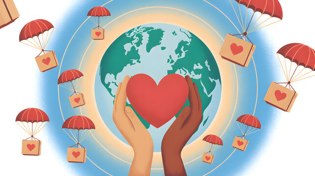 Hands holding heart with Earth and aid parachutes symbolizing global charity and support