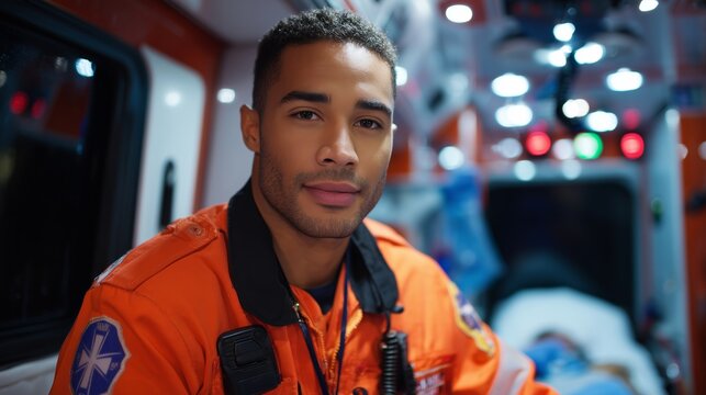 Emergency medical technician inside ambulance during nighttime shift preparing to assist patients - Powered by Adobe