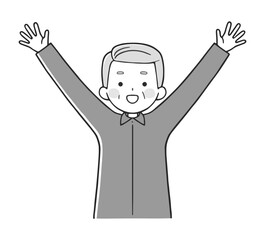 万歳するシニア男性(上半身) モノクロ