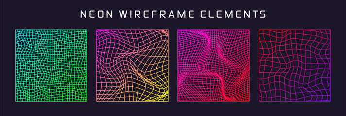 Colorful wireframe shapes, lined perspective mesh, 3d grid. Low poly geometric elements. Retro futuristic design elements, y2k, vaporwave and synthwave style. Vector illustration © 32 pixels