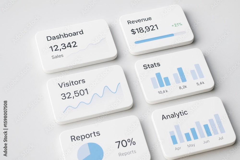 Poster minimalist dashboard ui with business analytics statistics and performance data metrics on white car
