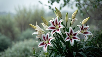 A bouquet of white and red lilies with large blooms and buds against a blurred natural background.