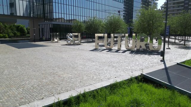 Europe, Italy , Milan 07,24,2025 Piazza Adriano Olivetti , you are the future Art installation - tu sei futuro FuturAbility District , new modern area in downtown close to Prada foundation 
