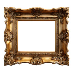 European-style carved wood frame with golden brushed finish and intricate details, rendered with angled lighting and isolated on transparent background. --v 7.0 --s 250 --raw