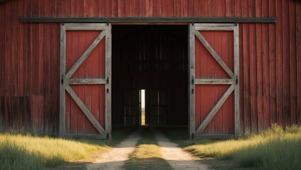 A barn with large wooden doors open, revealing a dark interior and a glimpse of the outdoors through the gap, with grass and a dirt path leading to the entrance.