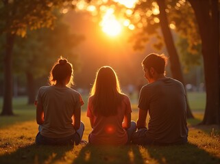 Serene sunset gathering of friends resting in a park enjoying the peaceful evening atmosphere
